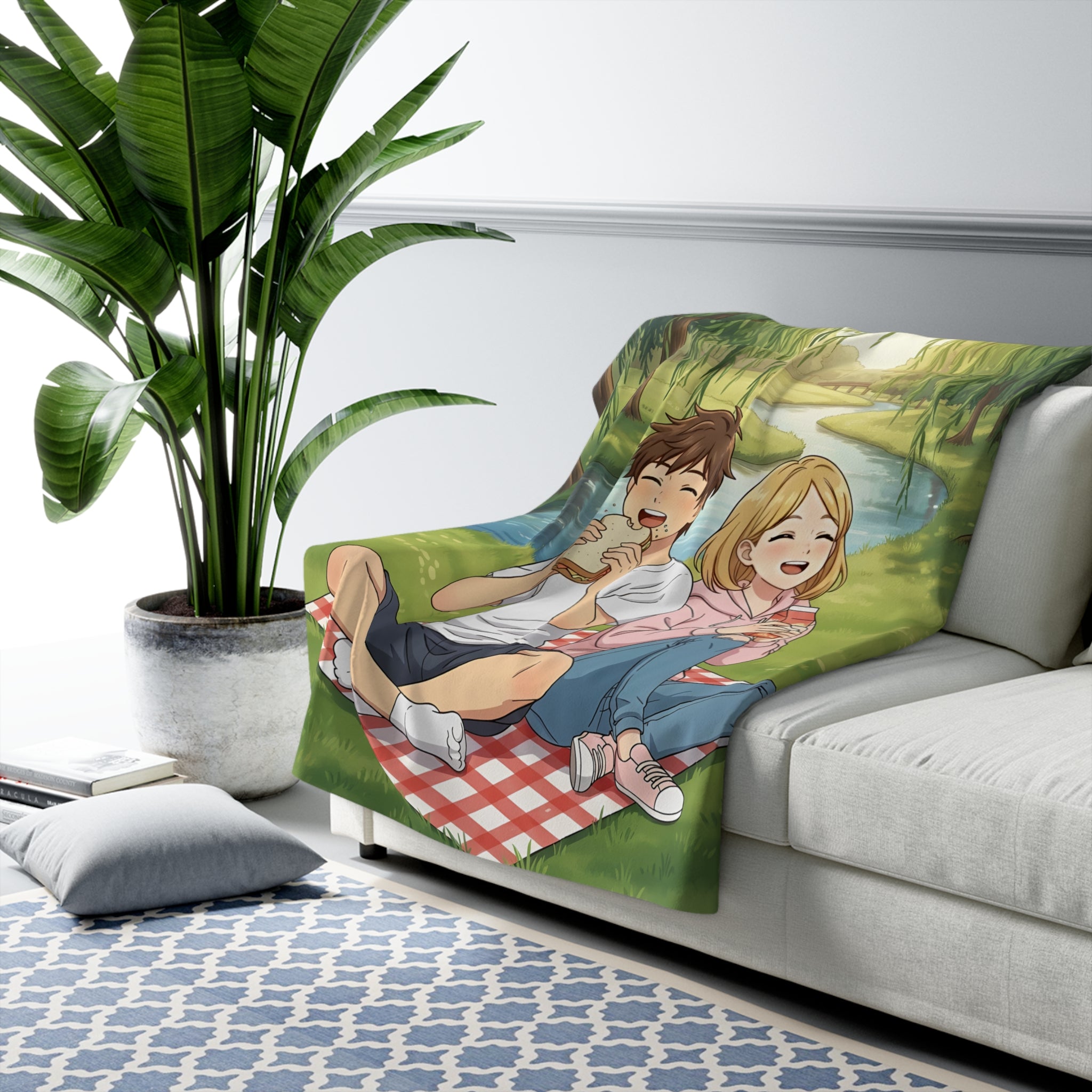 Anime Couple Picnic Sherpa Blanket — Willow Trees River Scene
