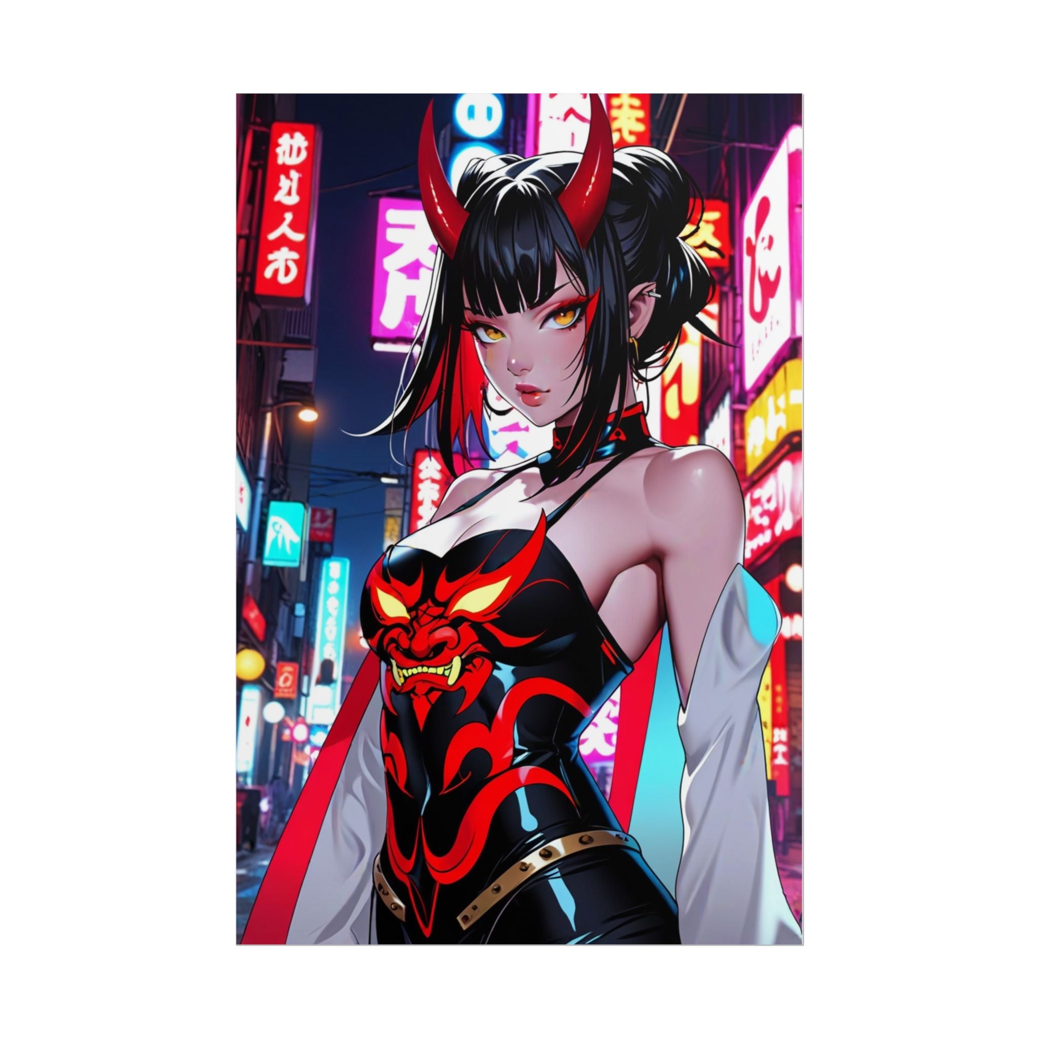 Neon Oni Demon Girl Anime Poster – Cyberpunk Horror Pin Up Wall Art