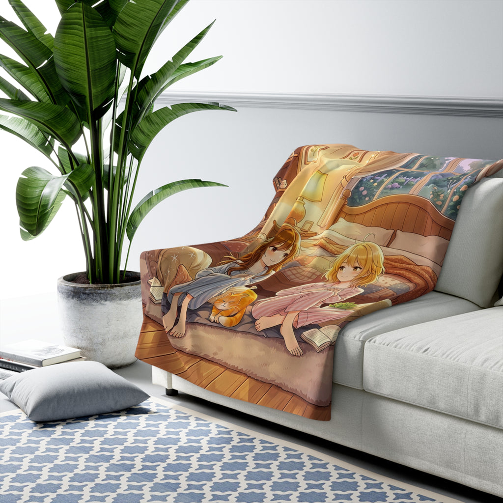 Cozy Anime Girls Sherpa Blanket Pajama Sleepover Scene Cute Cat Throw Blanket for Anime Fans and Book Lovers