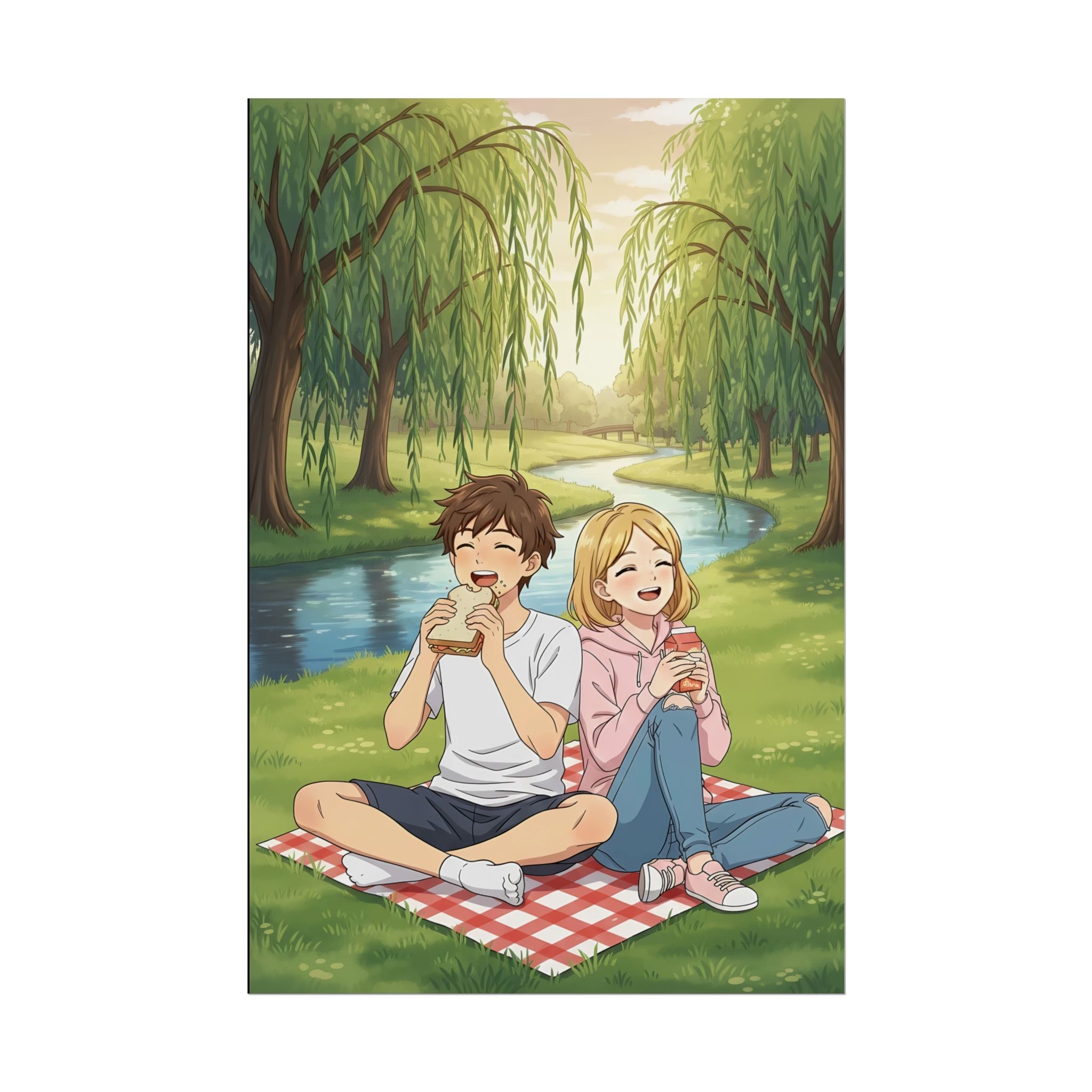 Cozy Anime Picnic Poster – Slice-of-Life Couple by the River | Warm Sunset Park Scene Wall Art