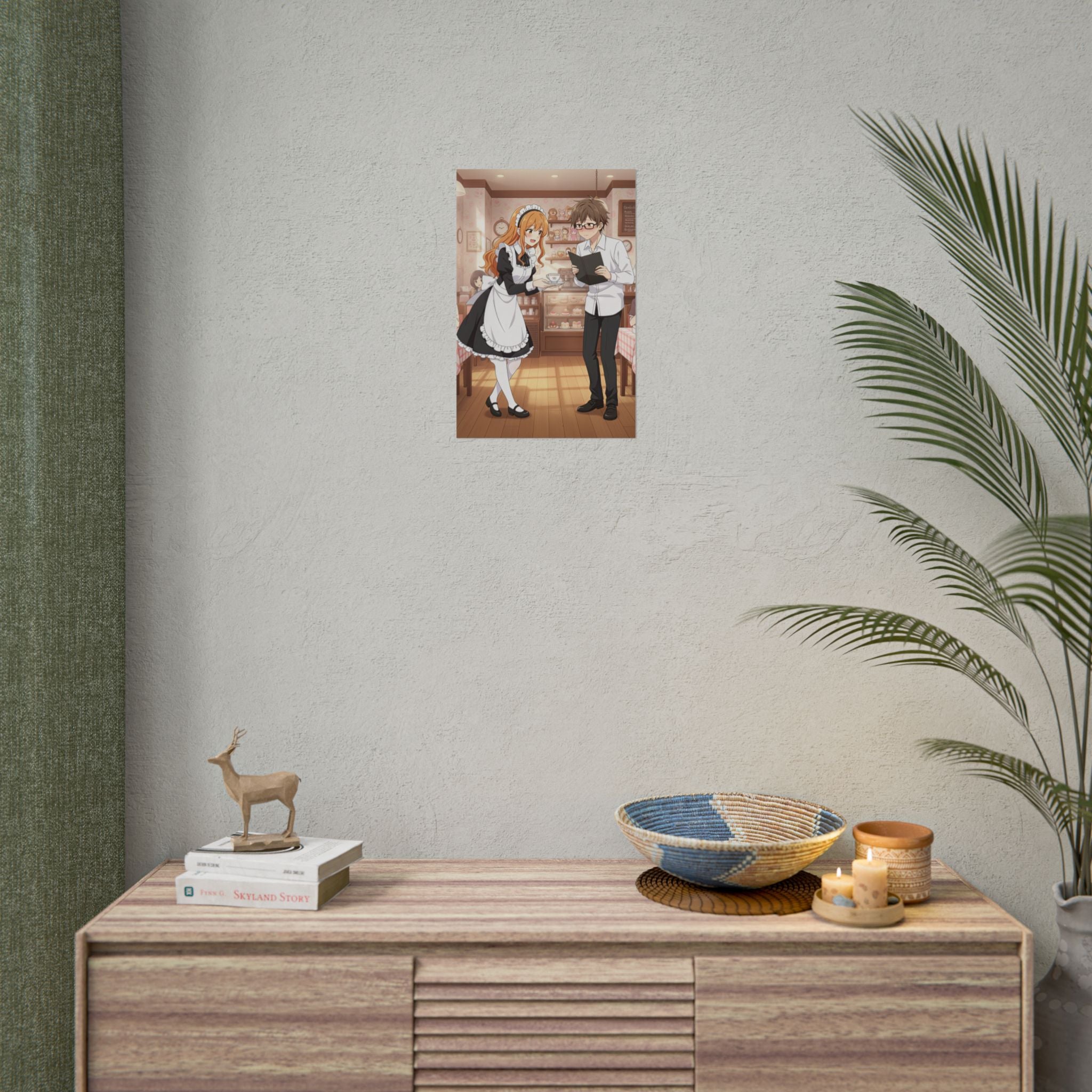 Maid Cafe Anime Poster Cute Manga Style Wall Art Kawaii Waitress and Customer Scene Japanese Cafe Decor Gift for Otaku Fans