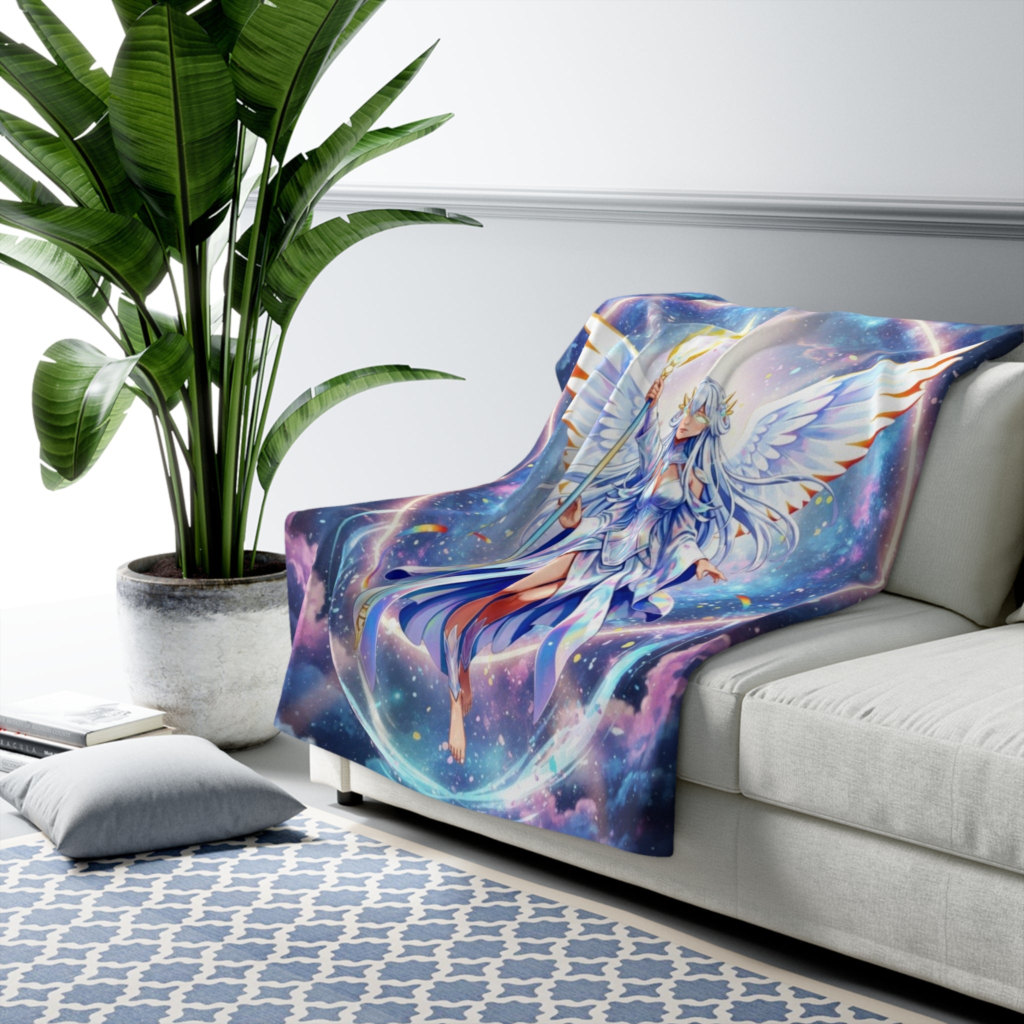 Celestial Angel Anime Sherpa Blanket – Lyria Solara Glow Throw | Soft Fleece Blanket Gift for Anime Lovers and Fantasy Fans