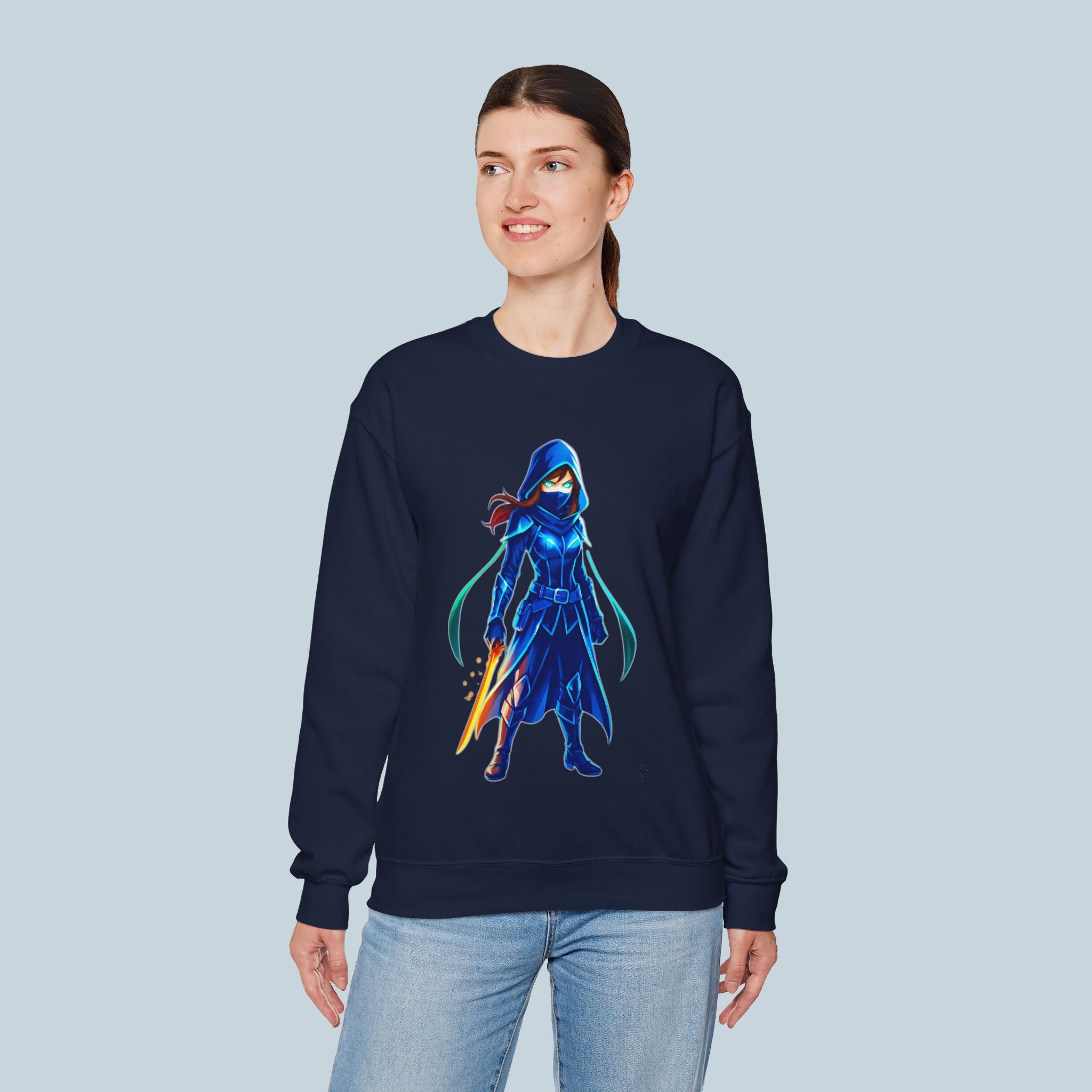 Blue Ninja Anime Sweatshirt Assassin Girl Glow Blade Japanese Streetwear Gift for Gamers and Anime Fans
