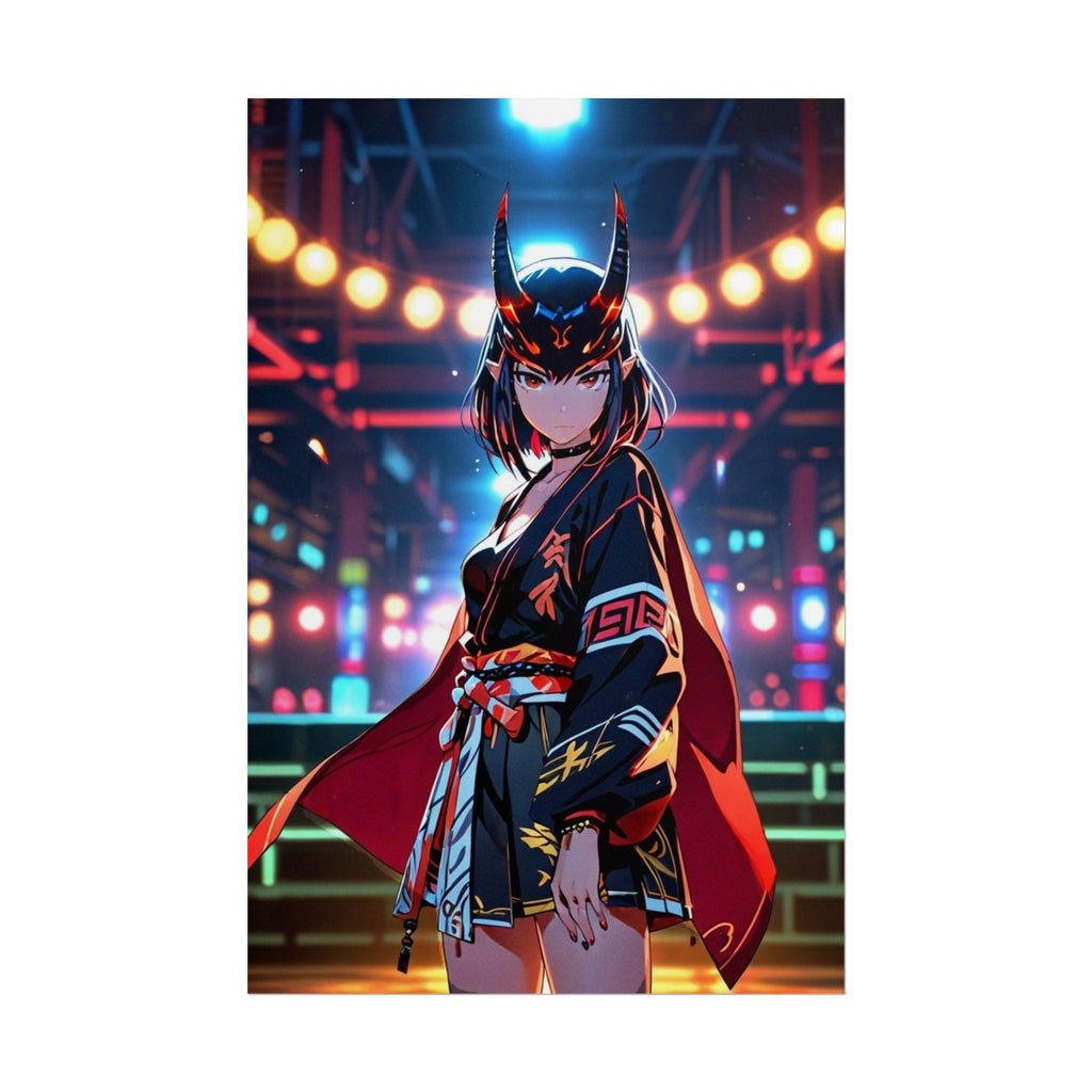 Oni Mask Demon Girl Poster - Cyberpunk Anime Wall Art - Japanese Horror Fantasy Decor - Epic Anime Apparel