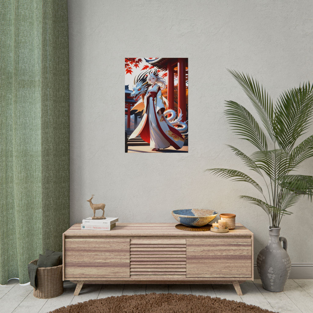 Dragon Shrine Anime Poster – White Dragon Guardian Wall Art, Japanese Temple Fantasy Print, Autumn Anime Girl Artwork, Collector Poster | Epic Anime Apparel
