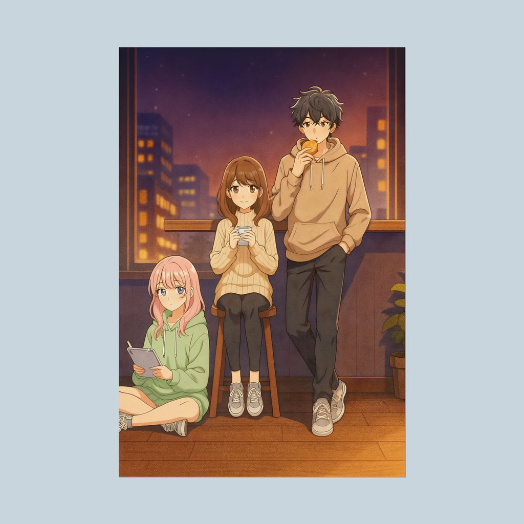 Cozy Anime Friends Poster Cute Nighttime Room Wall Art for Fans and Collectors
