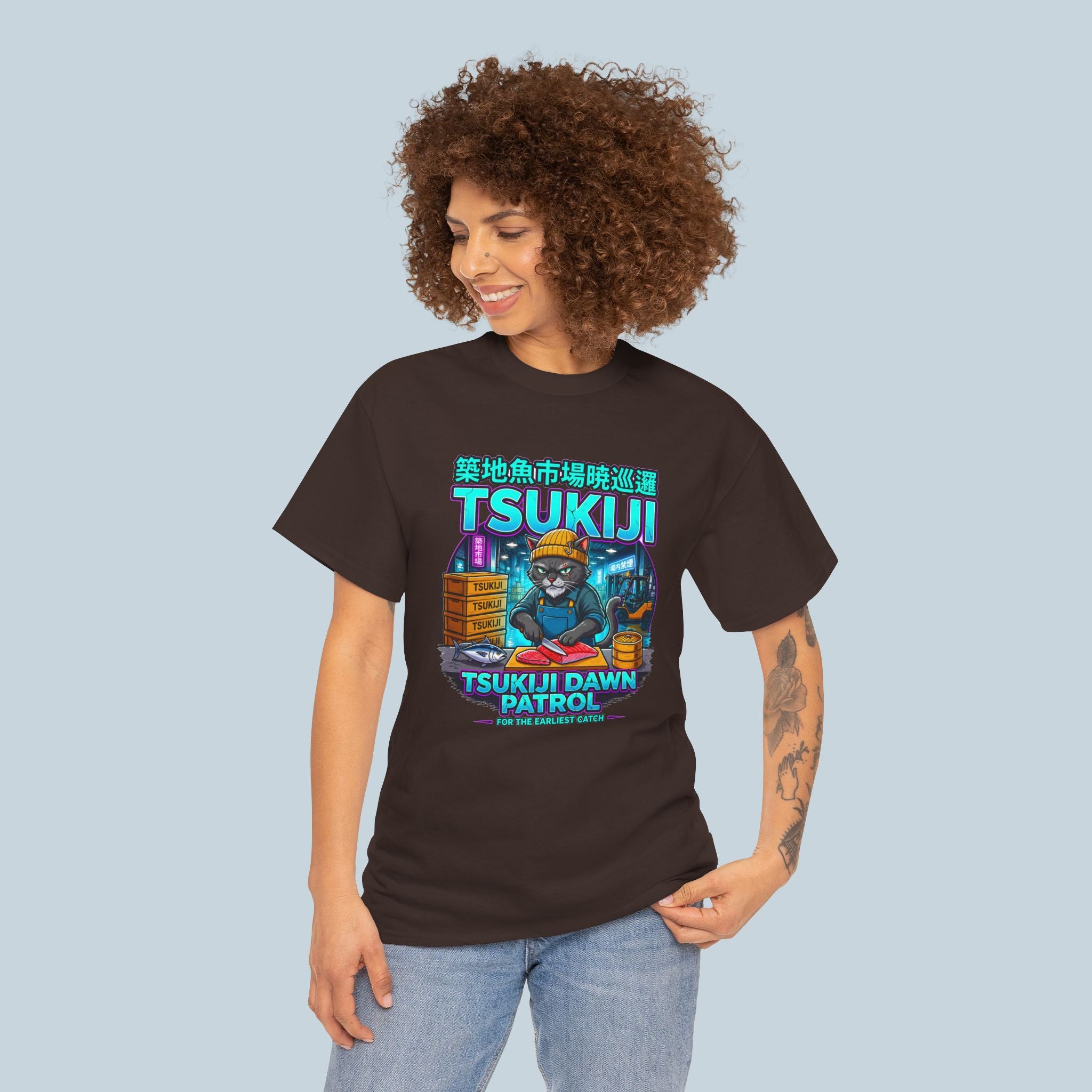 Tsukiji Dawn Patrol T Shirt Anime Cat Shirt Japanese Streetwear Neon Sushi Market Graphic Tee