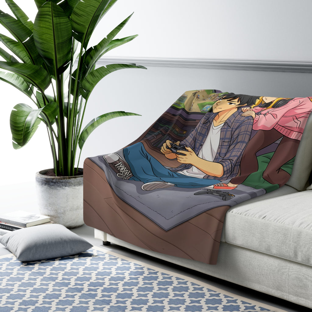 Cozy Gamer Couple Sherpa Fleece Blanket — Anime Gaming Room Design