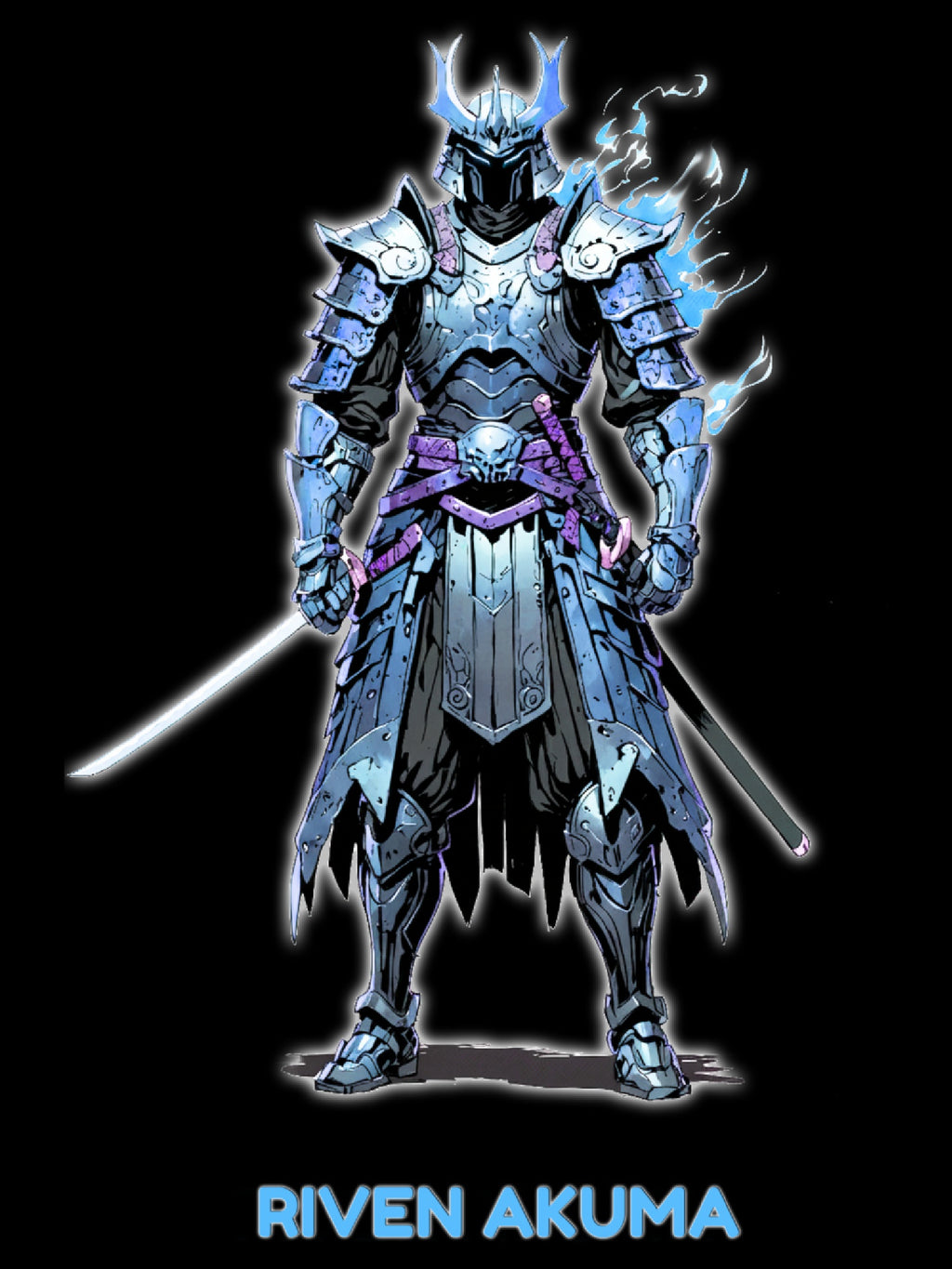 Samurai Anime Shirt Riven Akuma T-Shirt Blue Flame Warrior Streetwear for Anime Fans and Gamers