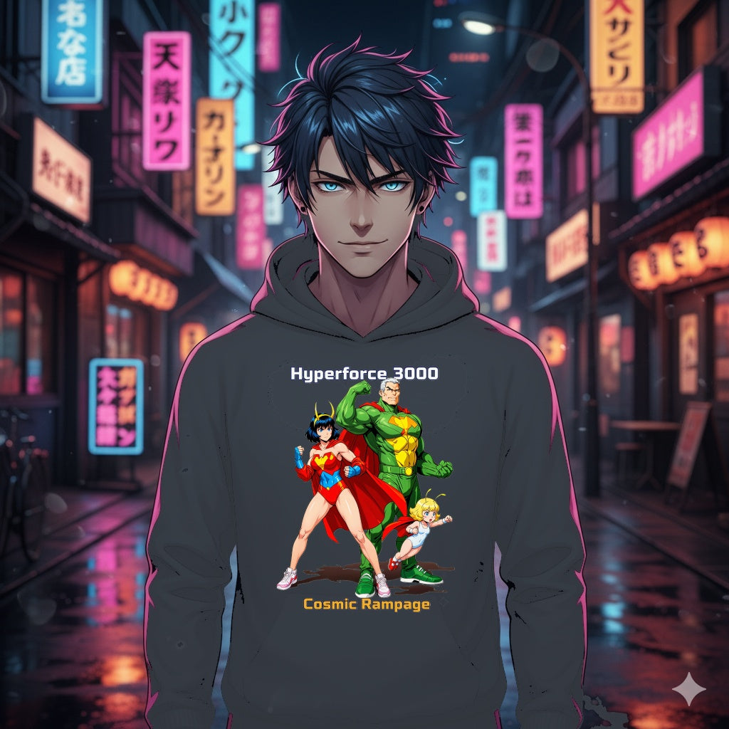 Hyperforce 3000 Hoodie – Retro Anime Hero Hoodie, Cosmic Rampage Design, Epic Gift for Anime Fans & Gamers