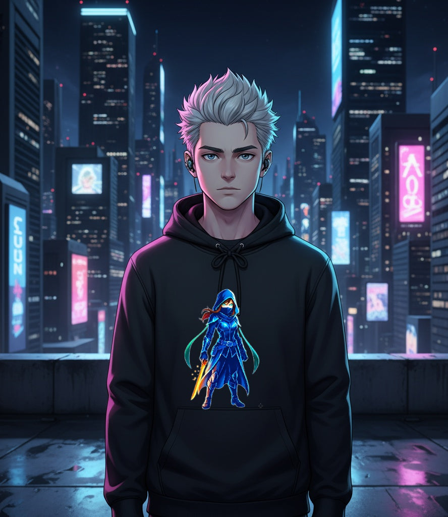 Neon Rogue Anime Hoodie – Cyberpunk Stealth Streetwear for Gamers and Anime Fans