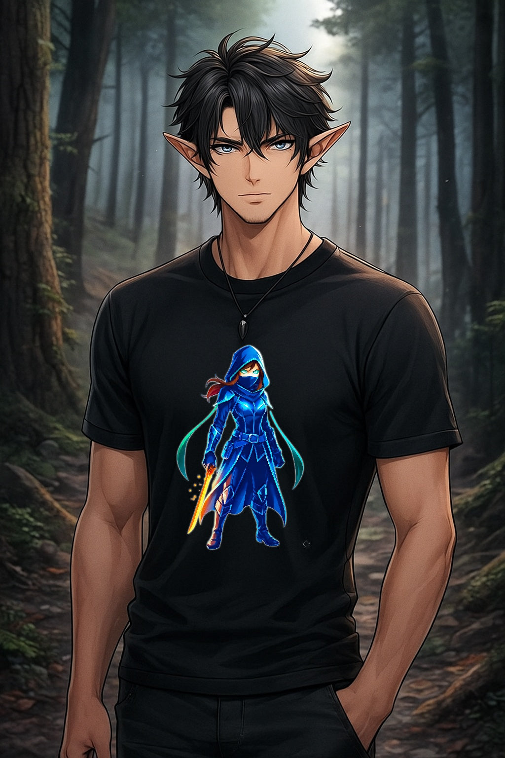 Epic Anime Elf T‑Shirt – Glowing Blue Rogue Hero Design – Fantasy Anime Streetwear Shirt for Gamers & Fans