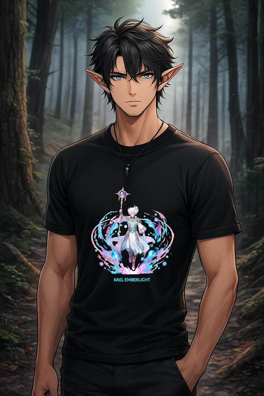 Kael Emberlight Anime T-Shirt – Neon Fantasy Mage Design on Comfort Colors Tee