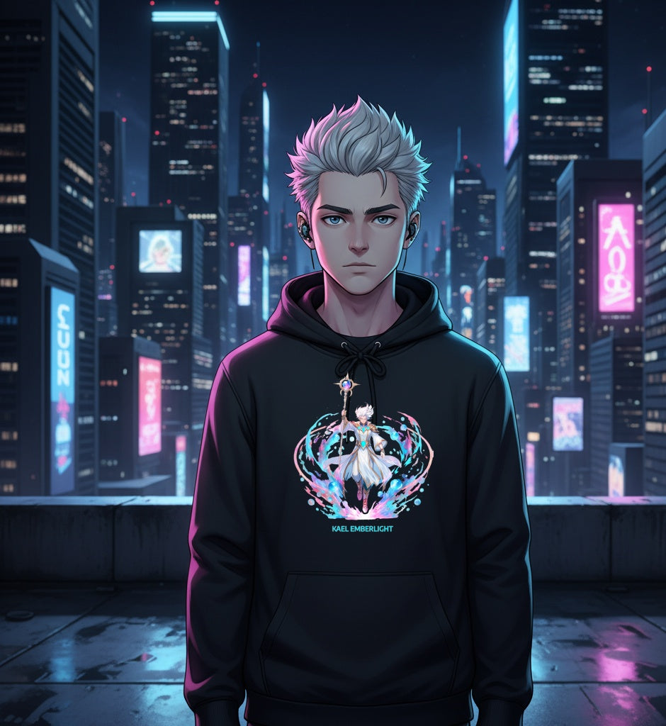 Kael Emberlight Anime Hoodie Neon Glow Streetwear Techcore Pullover Magic Staff Hero Hoodie Gift for Gamers and Anime Fans