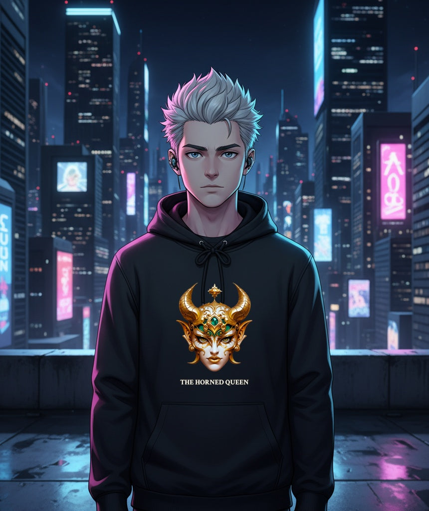 The Horned Queen Hoodie – Dark Fantasy Anime Streetwear with Gold Mask Design | Epic Anime Apparel