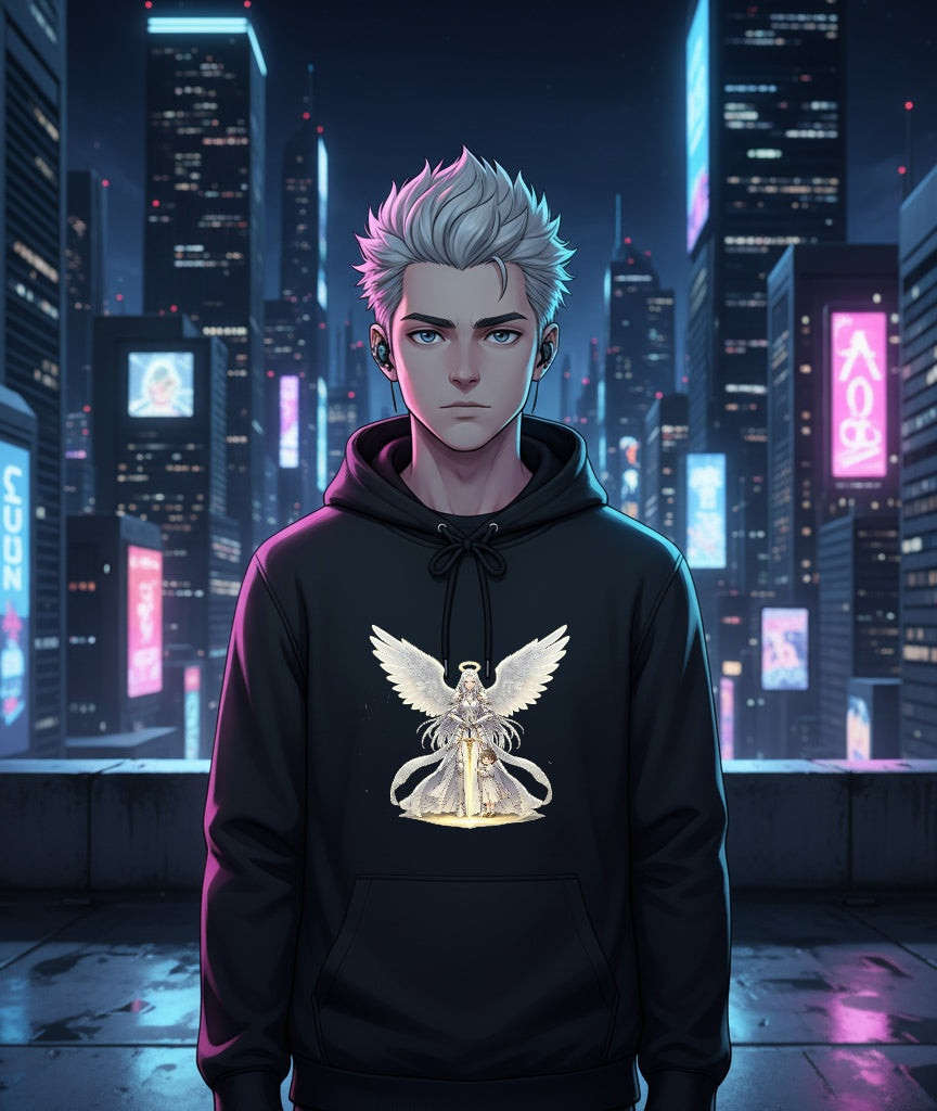 Angelic Anime Hoodie Neon Glow Streetwear Techwear Aesthetic for Fans of Celestial Fantasy