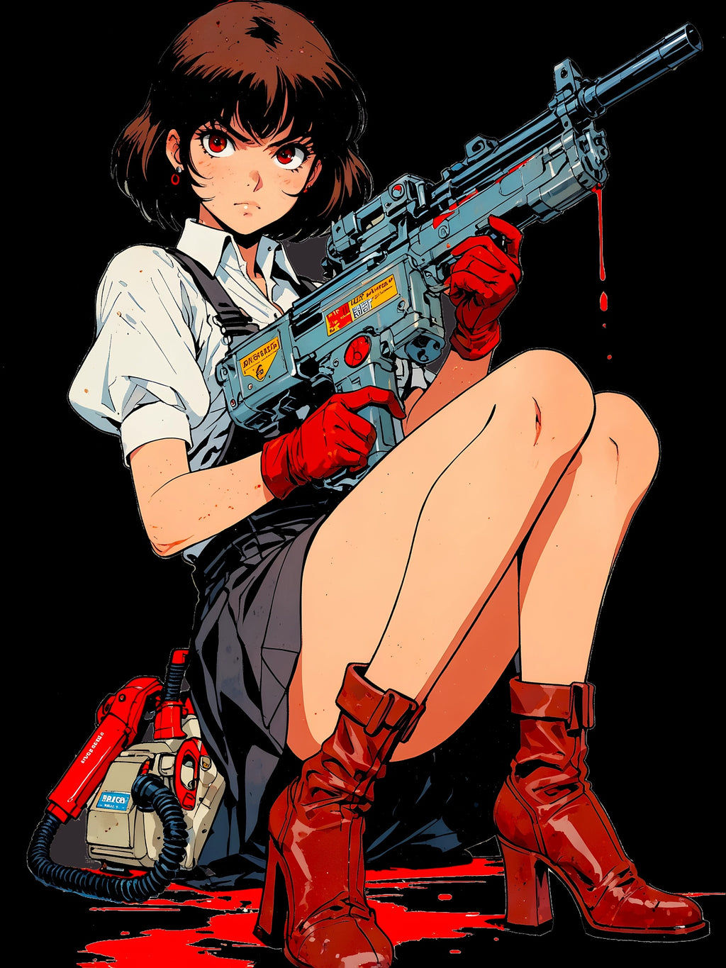 Anime Girl Hoodie – Seated Sniper Schoolgirl with Red Boots and Sci-Fi Rifle | Streetwear Hoodie for Gamers and Anime Fans