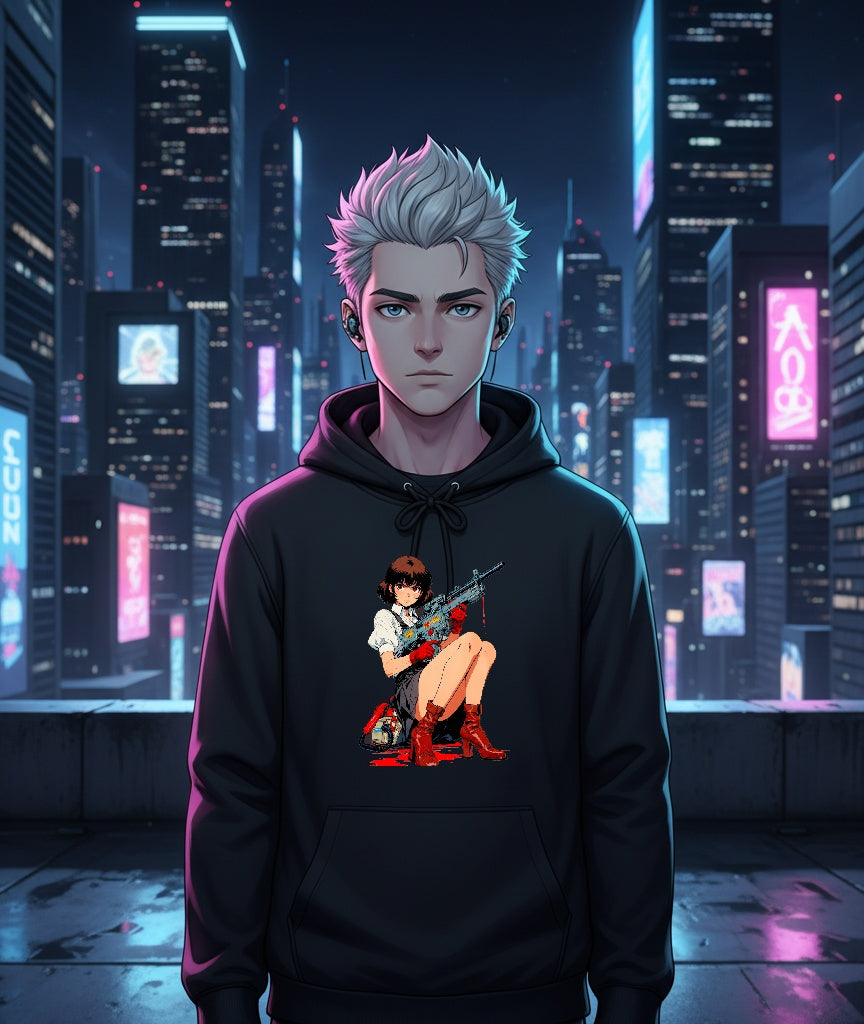 Anime Girl Hoodie – Seated Sniper Schoolgirl with Red Boots and Sci-Fi Rifle | Streetwear Hoodie for Gamers and Anime Fans