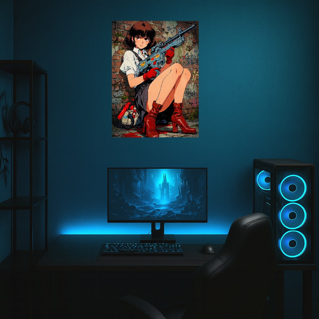 Grindhouse Anime Girl Poster Retro Pin-Up With Rifle Street Graffiti Wall Art For Horror Fans And Collectors