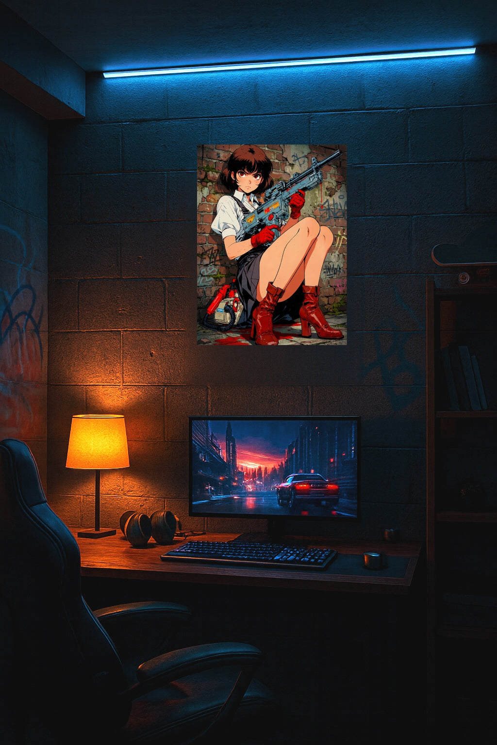 Grindhouse Anime Girl Poster Retro Pin-Up With Rifle Street Graffiti Wall Art For Horror Fans And Collectors