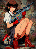 Grindhouse Anime Girl Poster Retro Pin-Up With Rifle Street Graffiti Wall Art For Horror Fans And Collectors