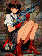 Grindhouse Anime Girl Poster Retro Pin-Up With Rifle Street Graffiti Wall Art For Horror Fans And Collectors