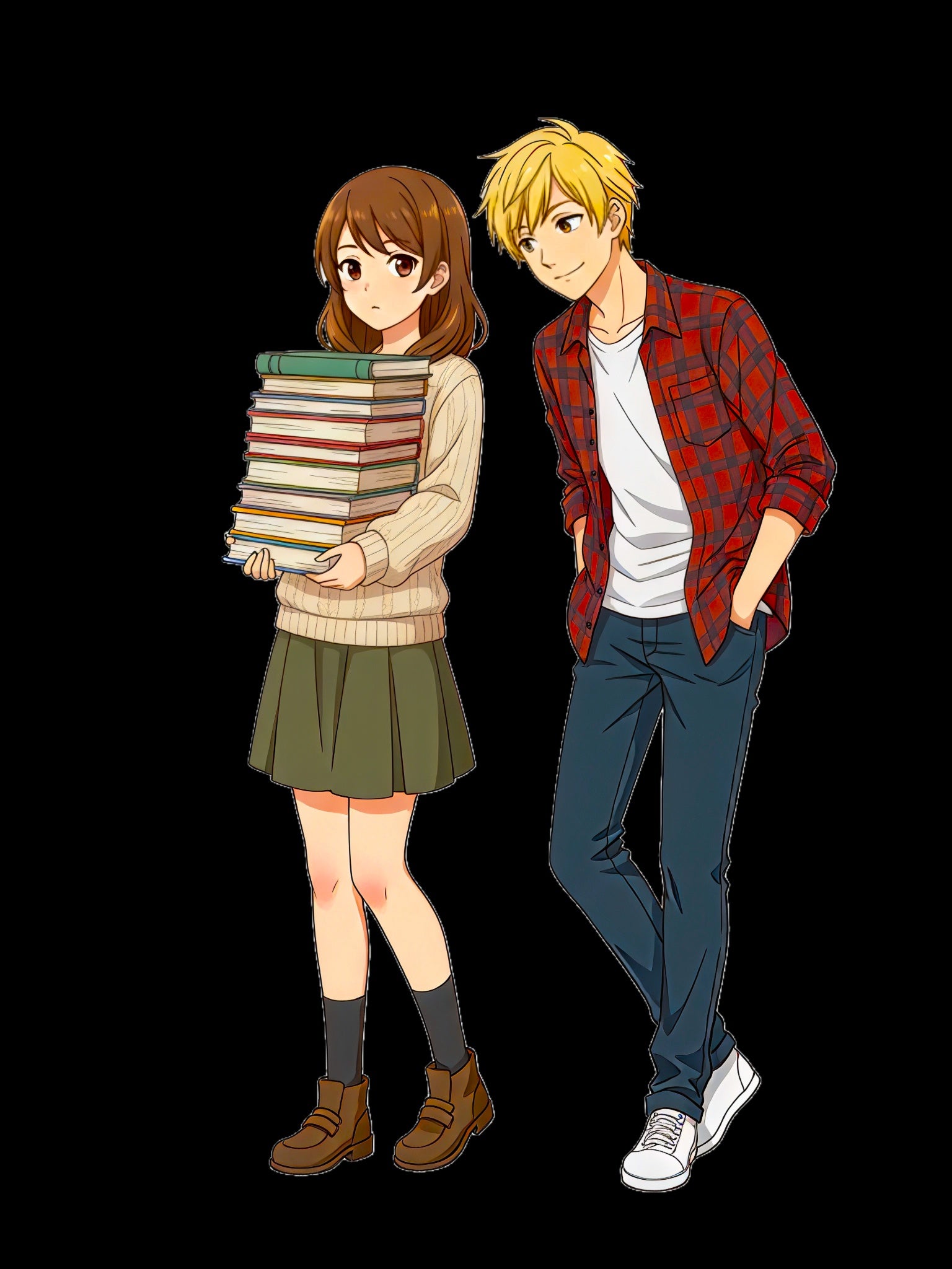Anime School Romance Tote Bag Book Girl and Blonde Guy Cotton Canvas Gift for Anime Fans