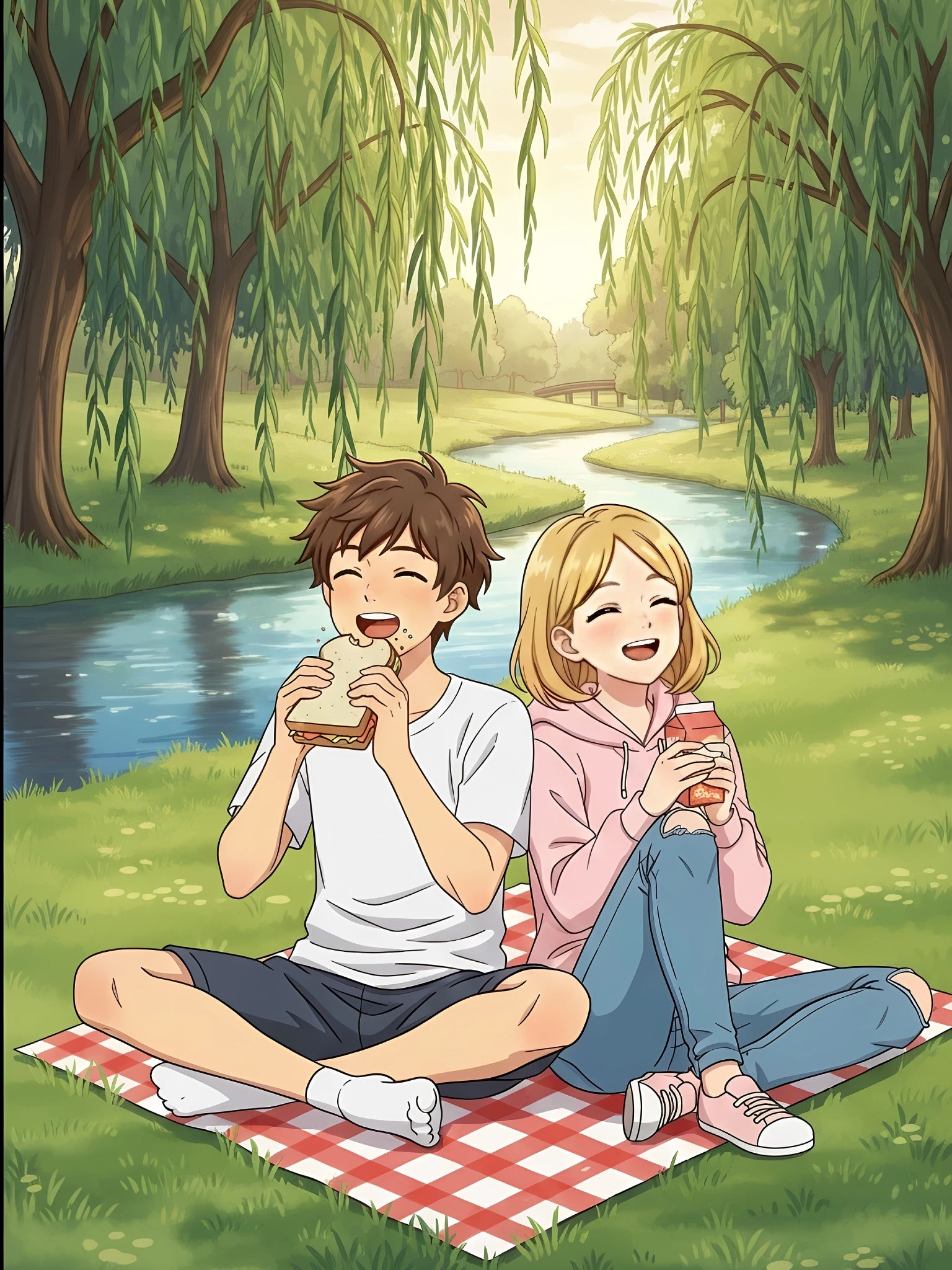 Anime Couple Picnic Sherpa Blanket — Willow Trees River Scene
