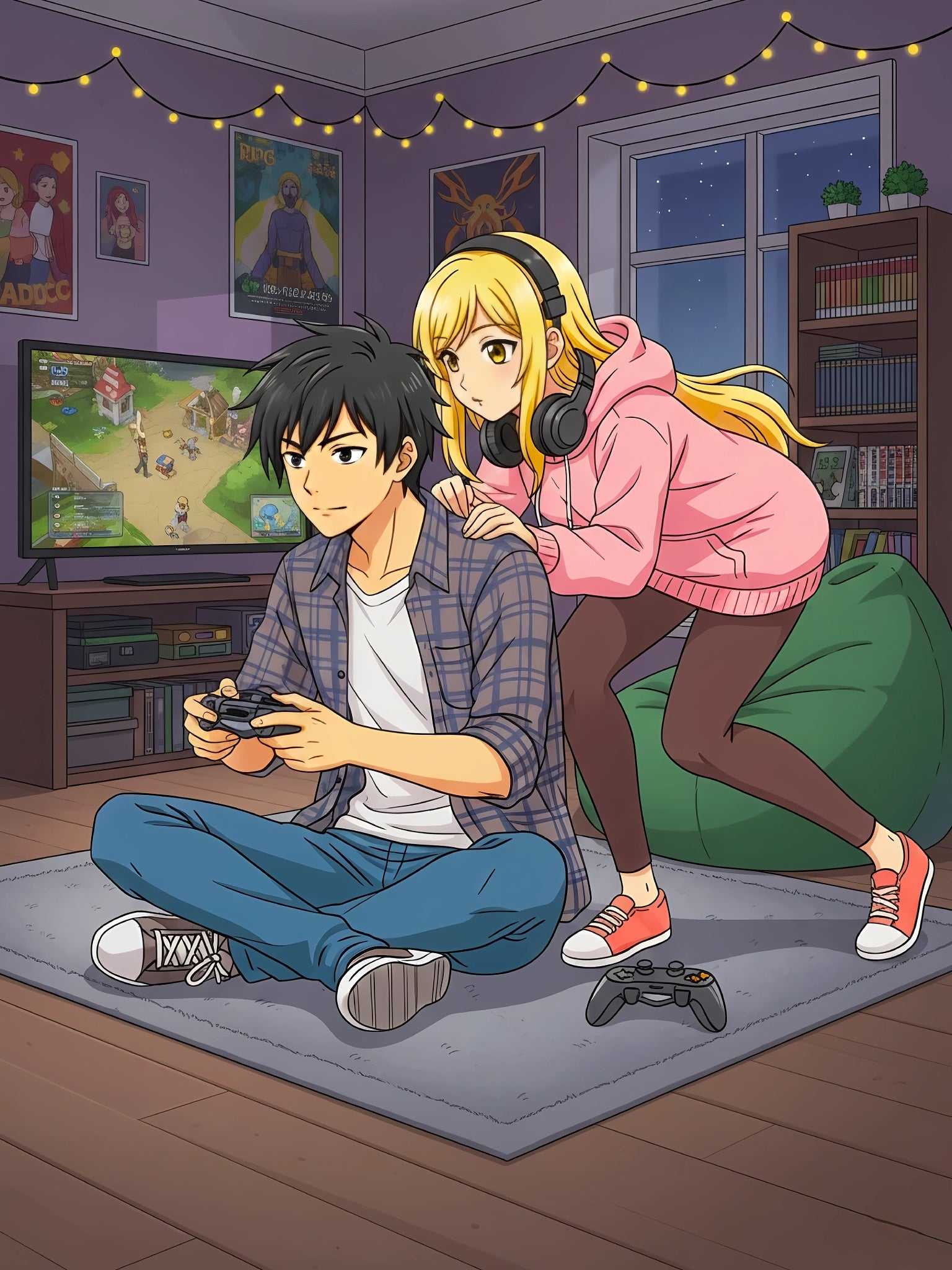 Cozy Gamer Couple Sherpa Fleece Blanket — Anime Gaming Room Design