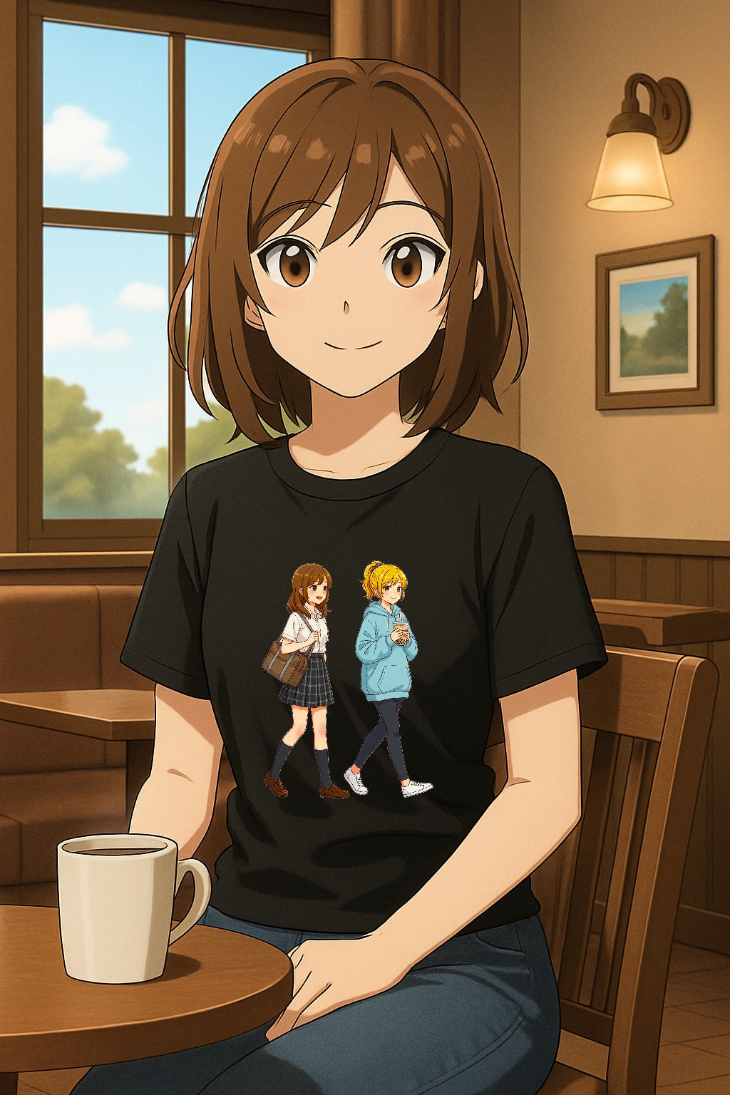 Anime School Friends T-Shirt — Cute Walking Duo Graphic Tee