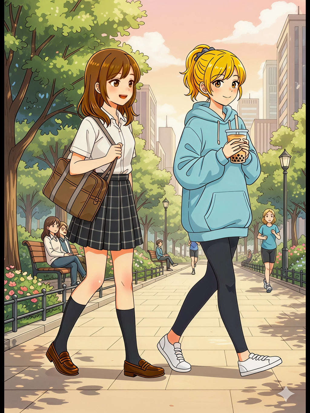 Cherry Blossom Walk Anime Poster – Cozy Slice of Life Park Scene Wall Art Poster