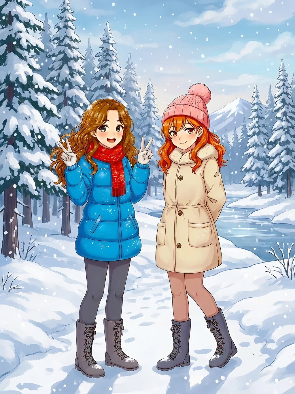 Anime Winter Girls Poster Cozy Snow Scene Wall Art Cute Seasonal Print for Anime Lovers and Fans