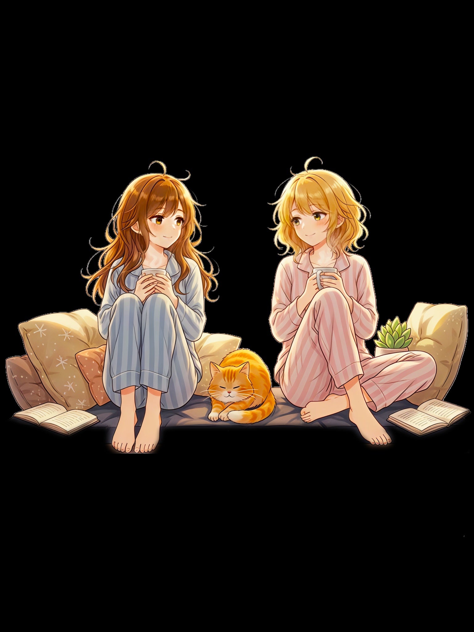 Cozy Anime Girl T-Shirt Cute Pajama Manga Style with Cat  Relaxed Fit Gift for Anime Lovers