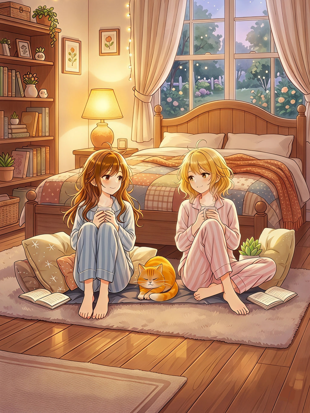 Cozy Anime Girls Sherpa Blanket Pajama Sleepover Scene Cute Cat Throw Blanket for Anime Fans and Book Lovers