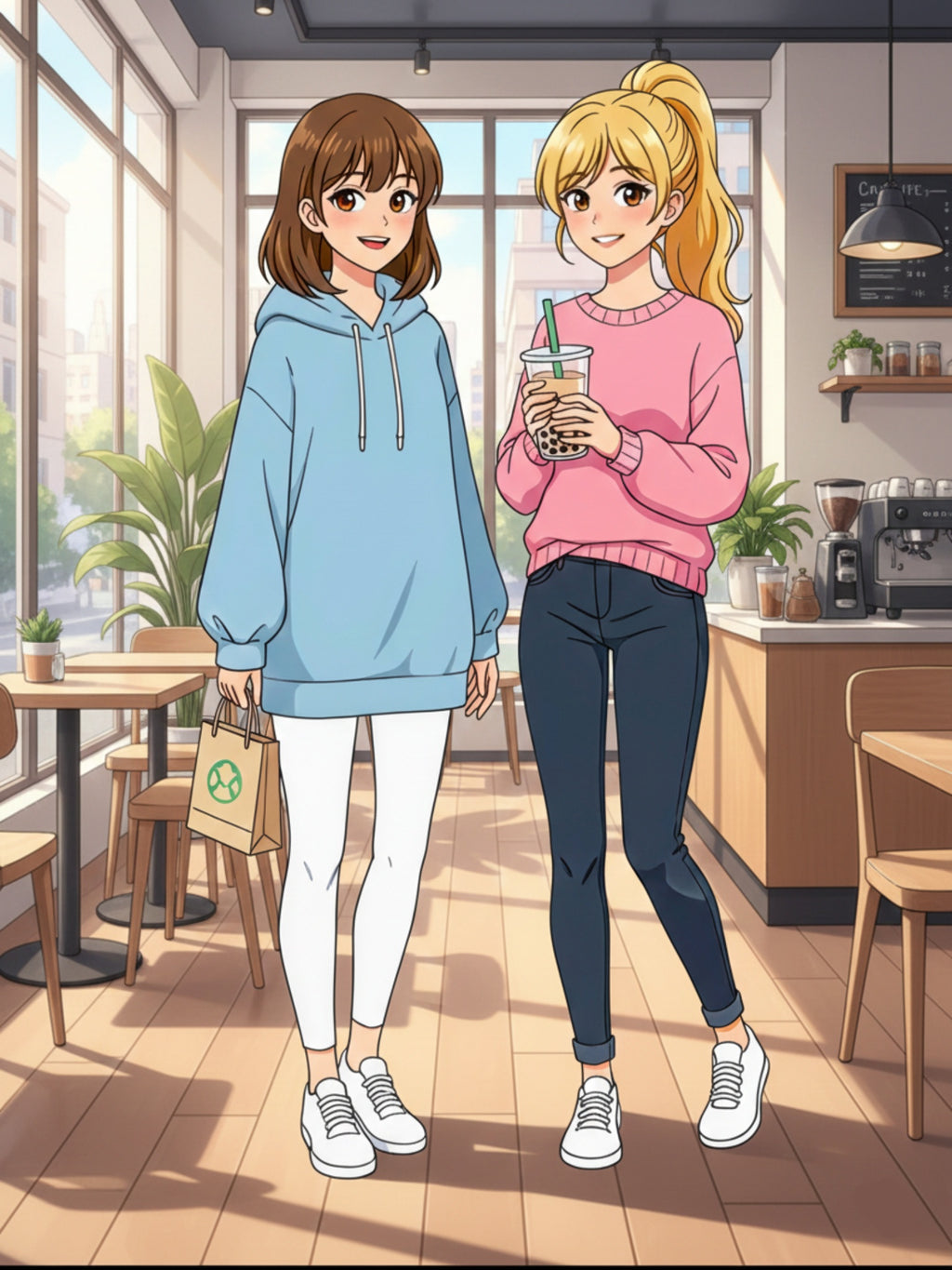 Anime Boba Girls Poster Cozy Slice of Life Wall Art for Bedroom or Anime Cafe Decor