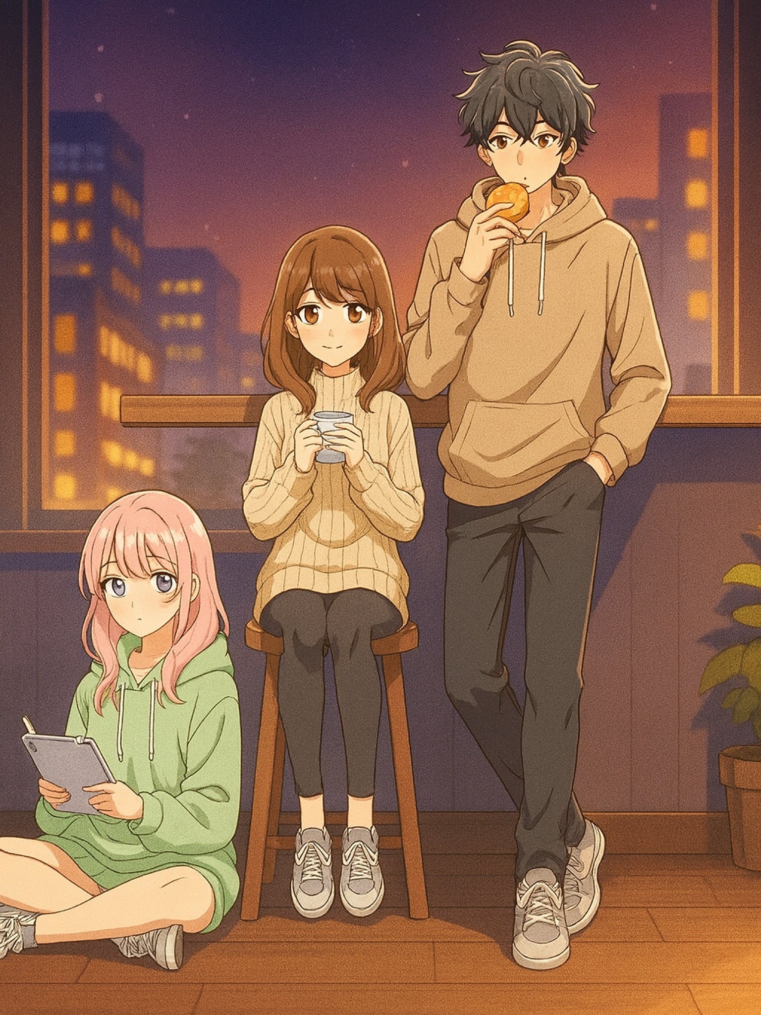 Cozy Anime Friends Poster Cute Nighttime Room Wall Art for Fans and Collectors