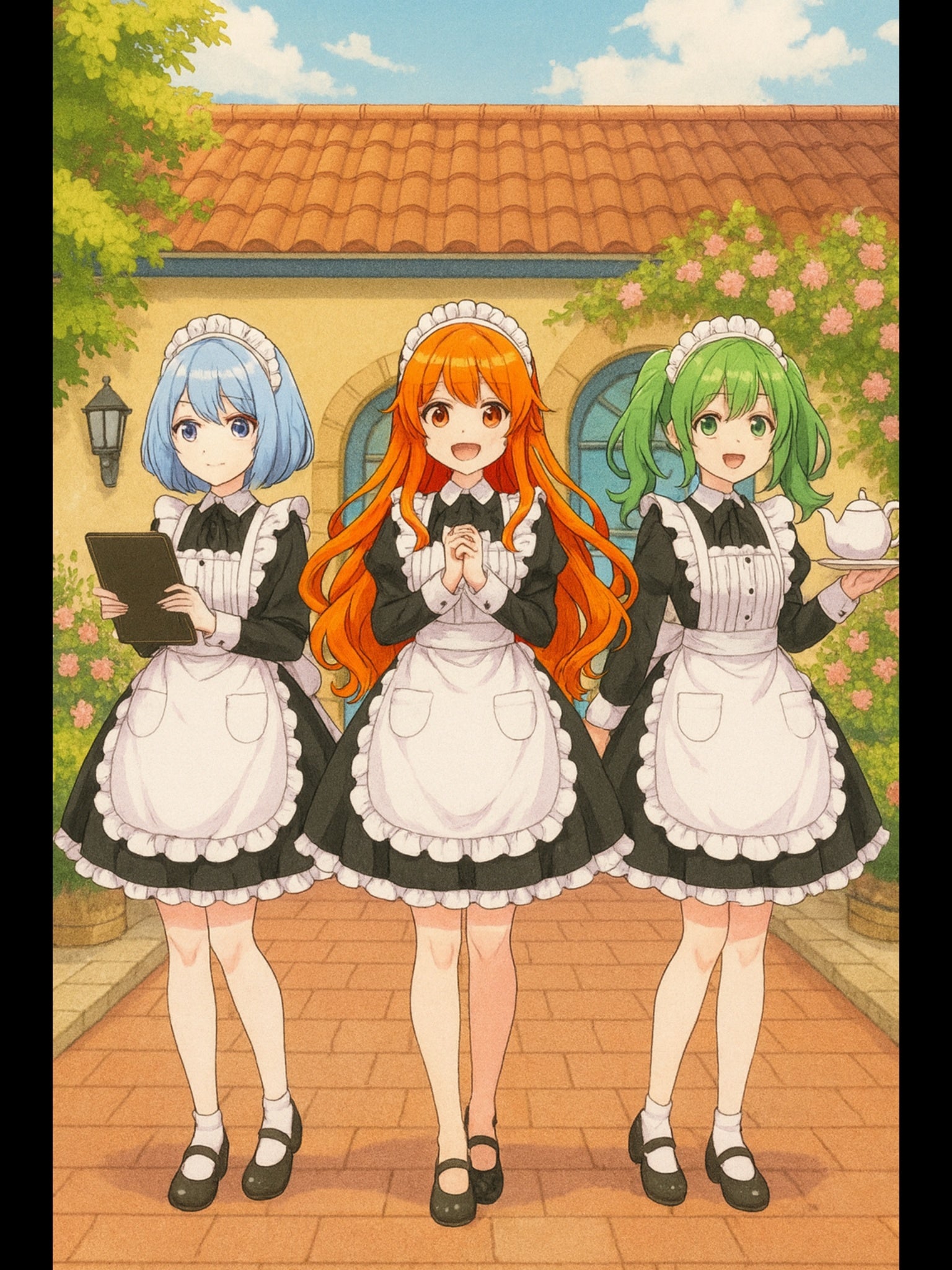 Anime Maid Café Poster Cute Trio Wall Art Japanese Waitress Girls Vintage Aesthetic for Otaku and Collectors