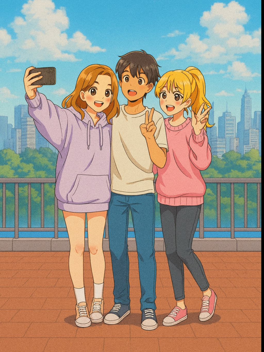 Anime Sherpa Blanket Cozy City Selfie Friends Pastel Hoodie Art