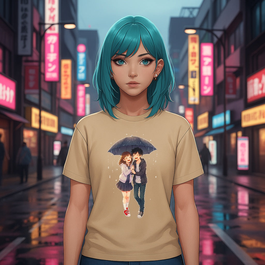 Anime Couple Under Umbrella T-Shirt Cute Romantic Japan Streetwear Comfort Colors Tee Gift for Anime Fans