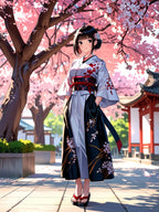 Woman in a traditional kimono standing in a cherry blossom garden with a pagoda in the background