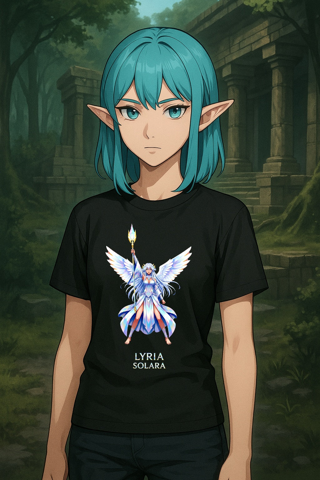 Lyria Solara Angel Anime T-Shirt Celestial Fantasy Art Tee for Anime Fans and Gamers
