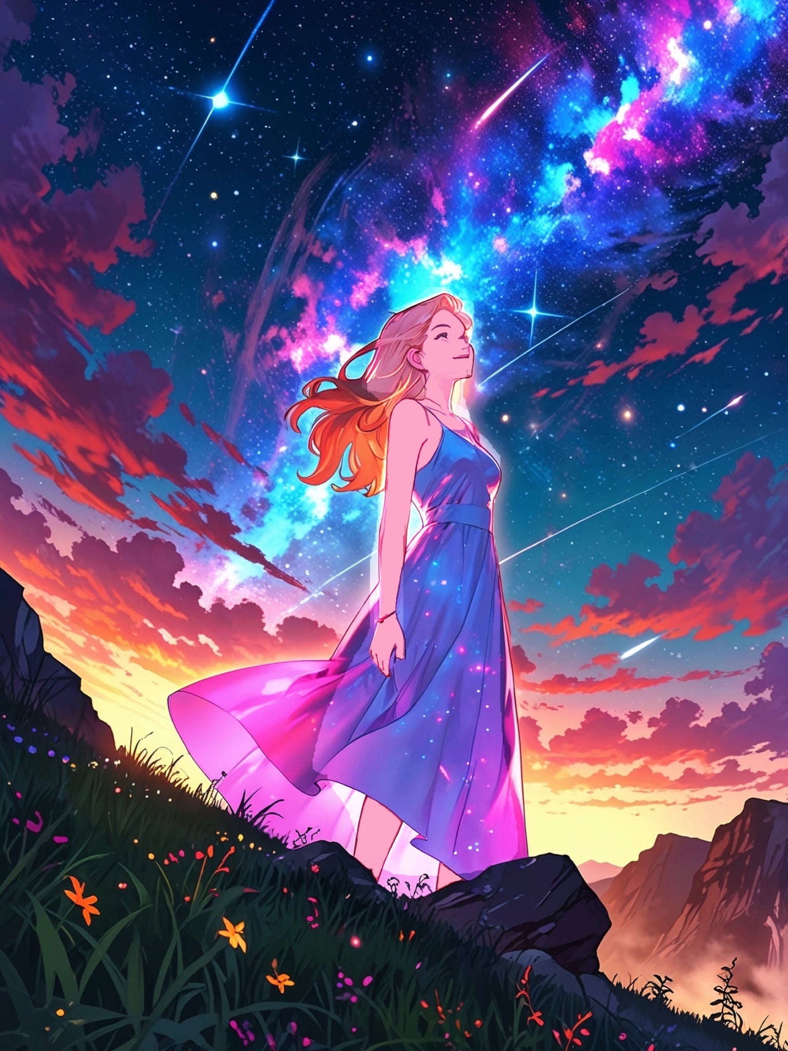 Celestial Dreamer Anime Sherpa Blanket – Starry Night Fantasy Girl Fleece Throw