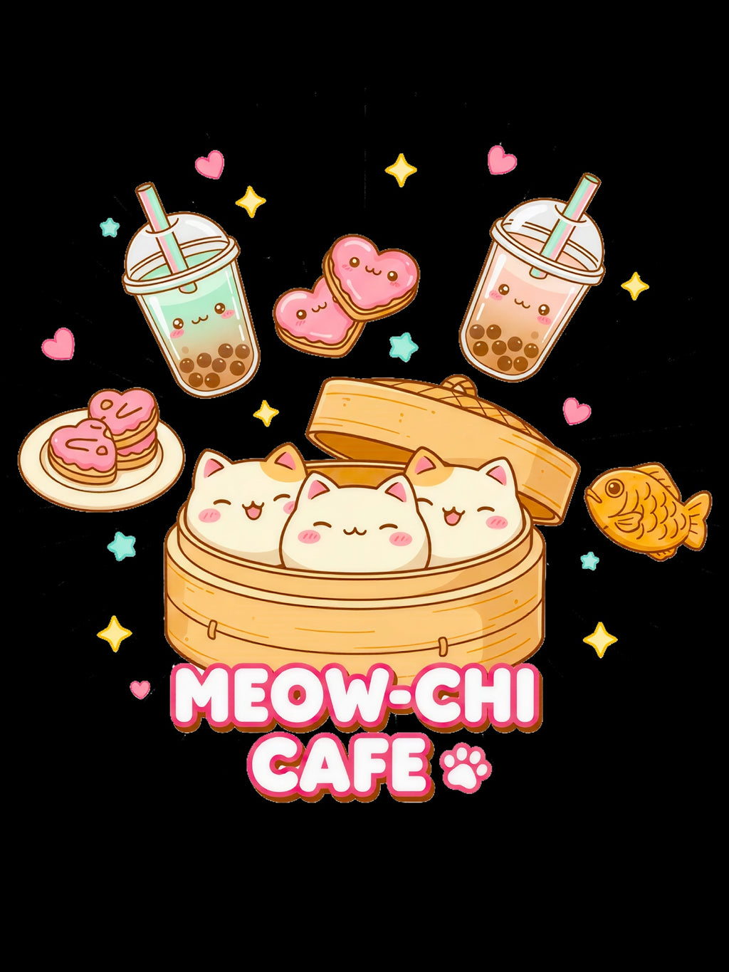 Meow-Chu Café Canvas Tote Bag — Cute Cat Bubble Tea & Pastry Market Tote