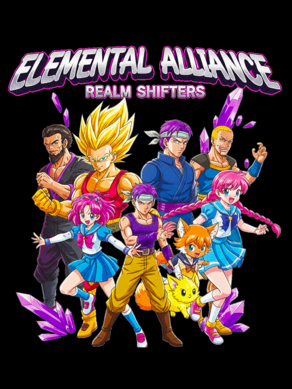 Elemental Alliance Anime T Shirt Neon Fantasy Hero Team Streetwear Graphic Tee for Anime Fans and Gamers