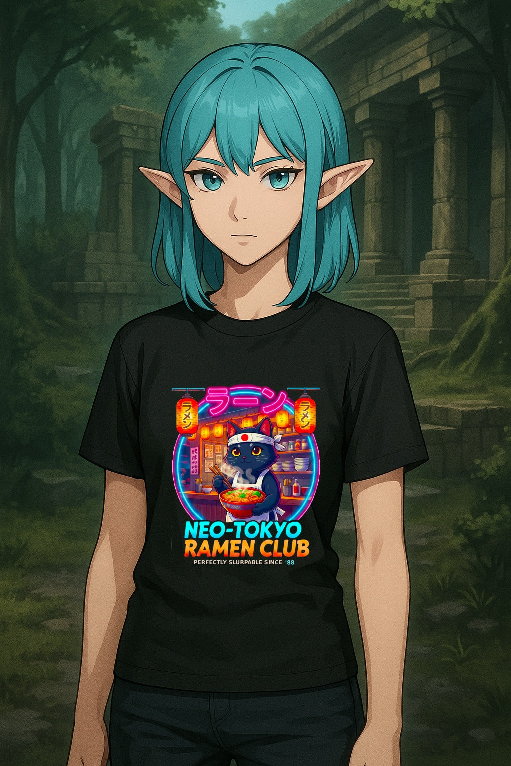 Neo Tokyo Ramen Club Anime Cat T Shirt Neon Japanese Streetwear Ramen Lover Graphic Tee