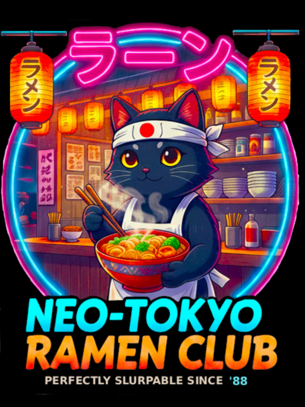 Neo Tokyo Ramen Club Anime Cat T Shirt Neon Japanese Streetwear Ramen Lover Graphic Tee