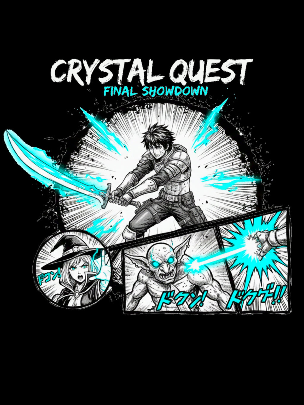 Crystal Quest Anime T Shirt Final Showdown Manga Style RPG Fantasy Graphic Tee
