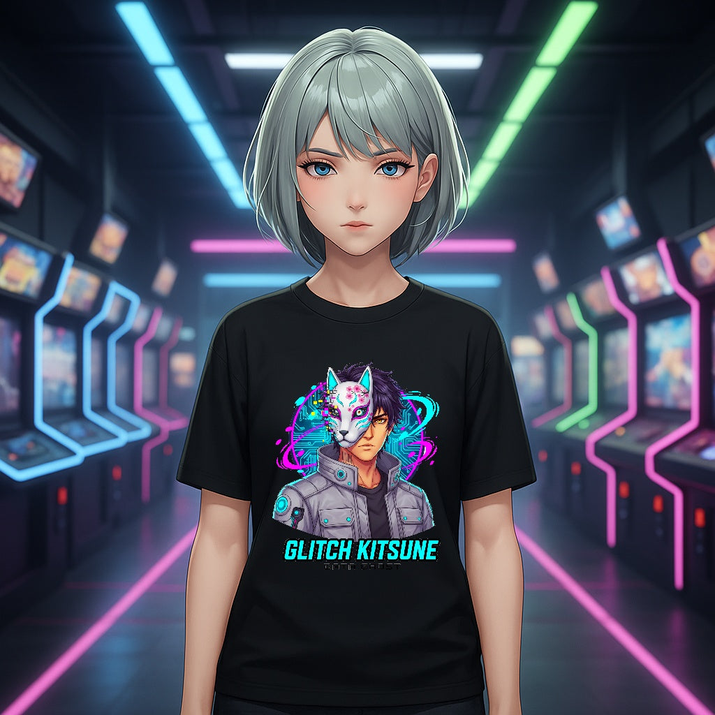 Glitch Kitsune Anime T Shirt Cyberpunk Fox Mask Neon Streetwear Tee