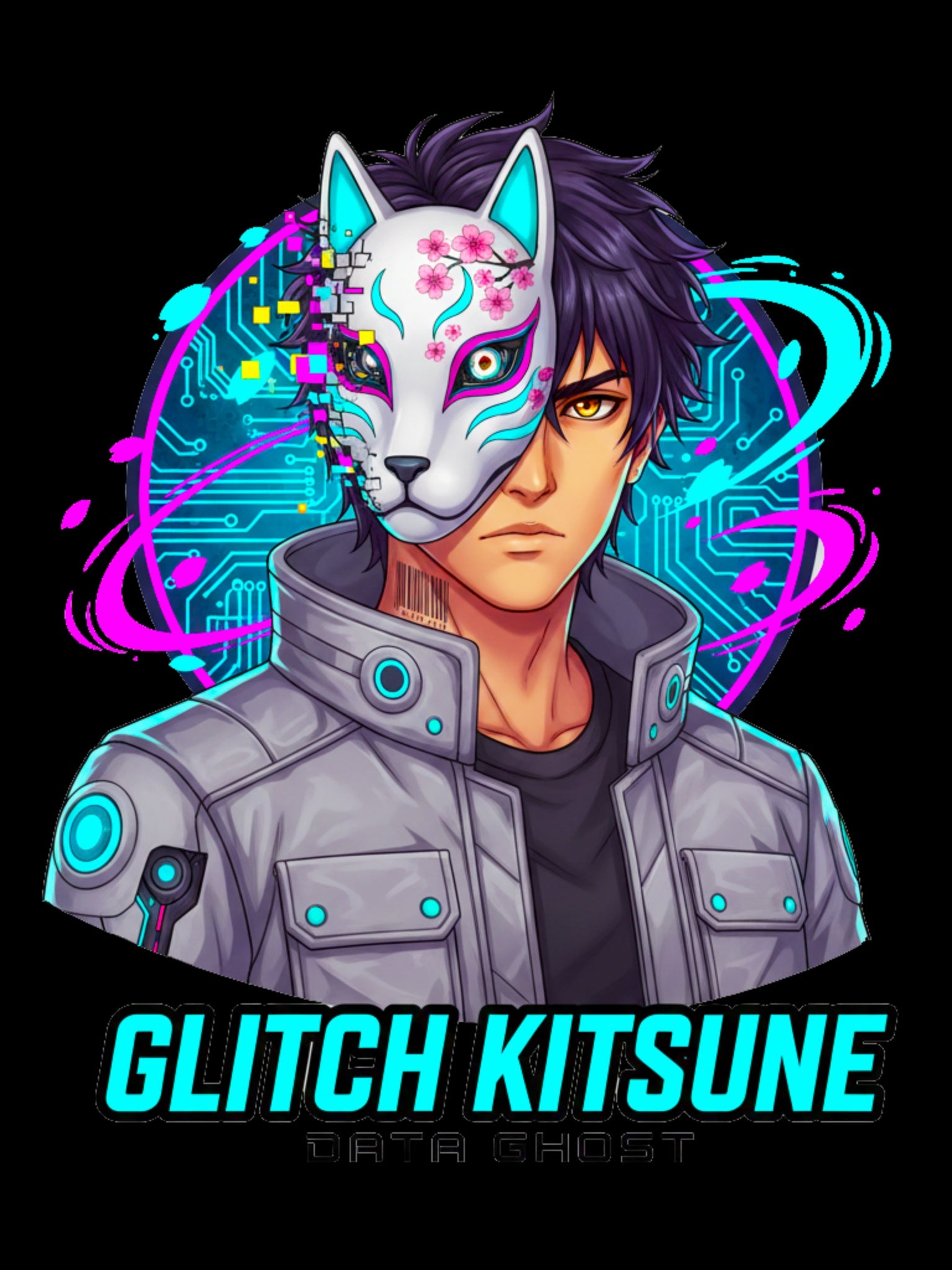 Glitch Kitsune Anime T Shirt Cyberpunk Fox Mask Neon Streetwear Tee