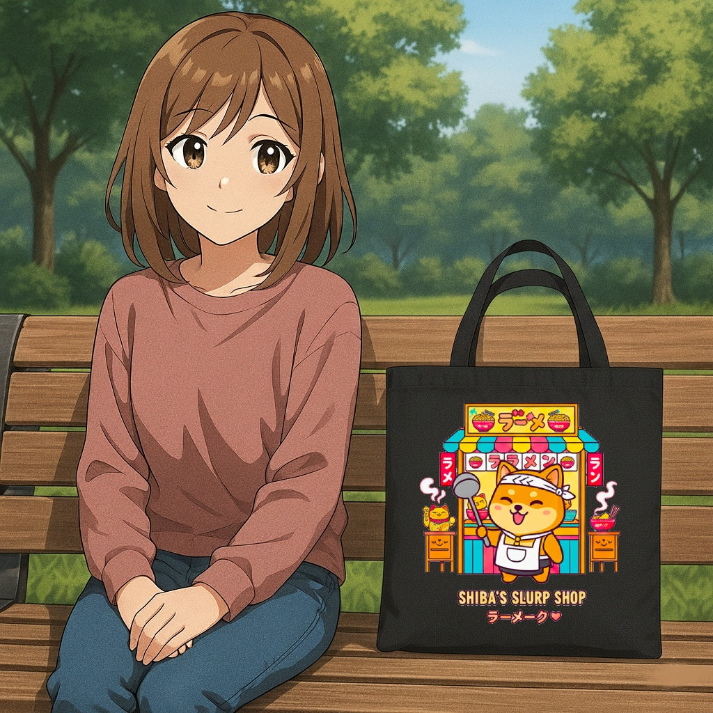 Cute Cat Cafe Tote Bag — Cotton Canvas Grocery & Market Bag with Kawaii Shiba Shop Design